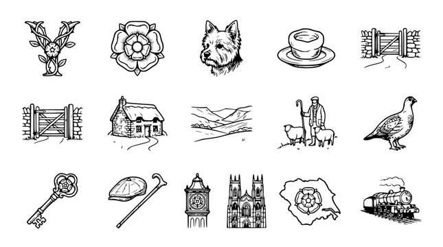 Yorkshire Icons: Set of Hand-Drawn Symbols of Yorkshire, England