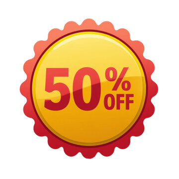 50% Off Sale Badge: A vibrant, circular badge featuring a bold 50% OFF text in red and yellow, signifying a special offer or discount.