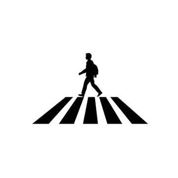 Pedestrian Crossing Silhouette: A stark black silhouette of a person with a backpack walks across a zebra crossing, symbolizing safe passage and urban mobility.
