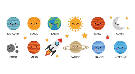 Cute kawaii solar system planets and space exploration set © alfi