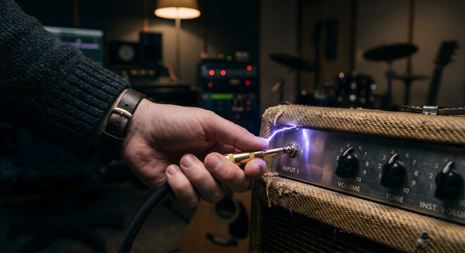 A close up of a hand plugging a cable into an amplifier, with purple sparks indicating an electrical short.
