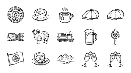 British Countryside Icons: Yorkshire Rose, Tea, Sheep, Train, Beer, Mountains © Ceblok