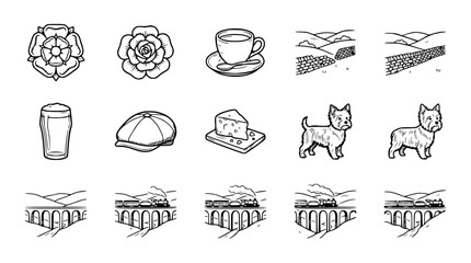 British Icons: Rose, Beer, Tea, Cheese, Dogs, Train, Landscape - Hand Drawn Icons © Ceblok