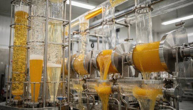 Medium shot capturing juice flowing through centrifuges and filtration units emphasizing the clarity and purity achieved during the beverage clarification stage.
