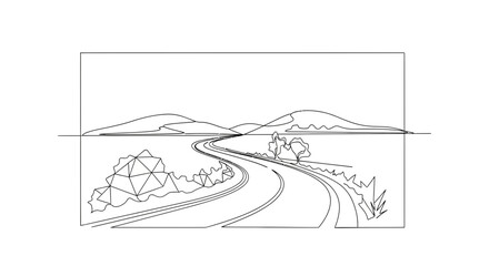 Fototapeta premium Winding Road Through Rolling Hills Landscape - Vector Line Art