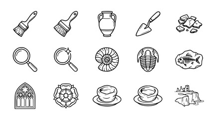 Archaeology Tools, Fossils, and Ancient Artifacts Icon Set © Ceblok