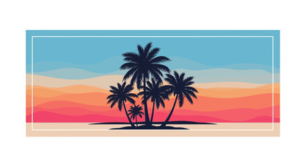 Obraz premium Vibrant Sunset Beach Landscape with Palm Trees Silhouette