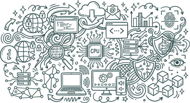 Digital technology and cyber security concept doodles with magnifying glass technology internet computer database programming software hardware connection encryption protection
