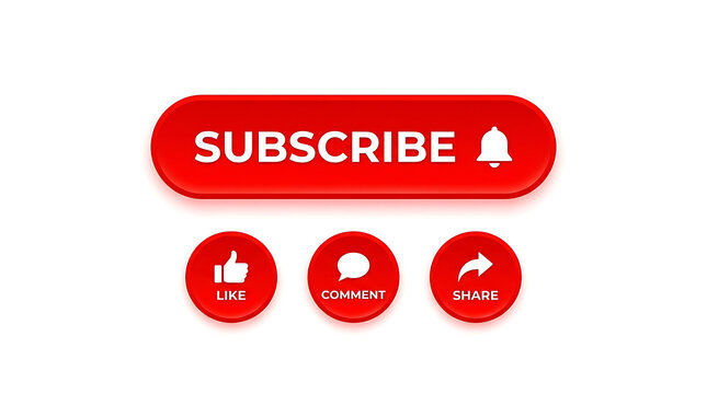 Youtube subscribe button with like comment and share icons isolated on white background