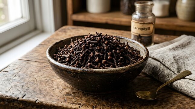 Dried cloves in a rustic bowl on a wooden table, showcasing this aromatic spice from Indonesia.