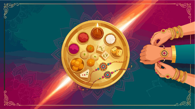 Raksha Bandhan Celebration: A traditional Raksha Bandhan thali filled with sweets and a rakhi sits beside hands tying a sacred thread, symbolizing brother-sister bond, love, and protection.