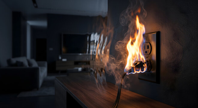 Plug on fire in electrical outlet, flames and smoke from a faulty connection, dangerous household electrical issue.