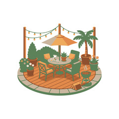Fototapeta premium Outdoor patio scene with furniture and garden greenery.