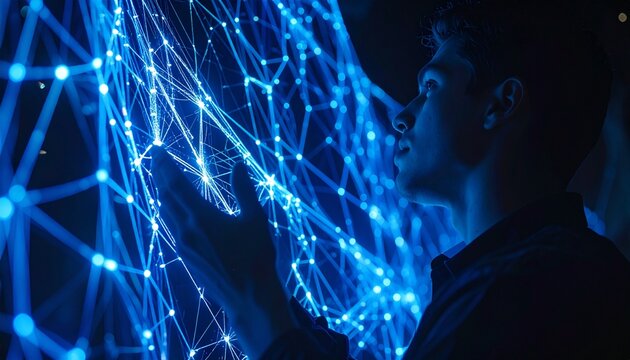 Man interacting with a glowing digital network, futuristic technology concept.
