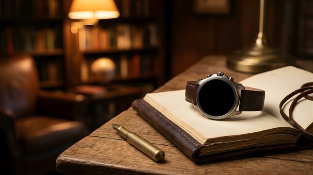 Luxury smart watch on open book with vintage pen in a library study