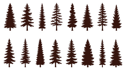 Fototapeta premium Silhouette of three evergreen pine trees standing tall in a forest. Christmas tree icon set. Vector illustration of pine silhouette. pine tree set. EPS 10. 