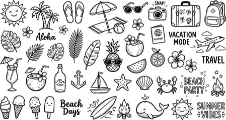 Summer beach doodle set, hand drawn tropical vacation icons in black outline, cute travel elements for seasonal scrapbooking and stickers © Ali