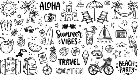 Hand drawn summer beach doodles set, tropical vacation travel icons in black line art, cute holiday elements for scrapbooking and stickers © Ali