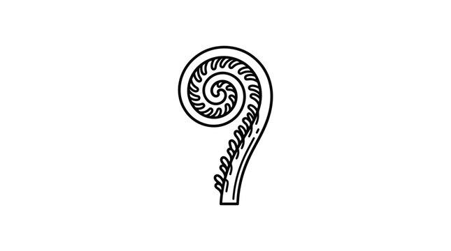 A black and white line art illustration of a koru fern frond.