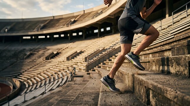 Male athlete running up stadium stairs for fitness workout at sunset