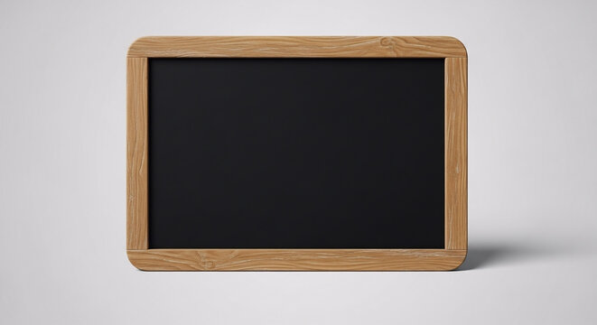 A high-quality blank chalk baord with a rustic wooden frame isolated on a plain light grey studio background for creative messaging and custom display
