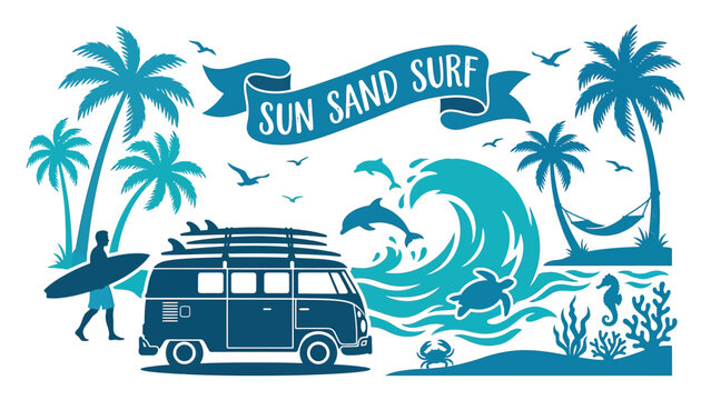 Summer beach vacation illustration featuring surf van palm trees and ocean waves banner design