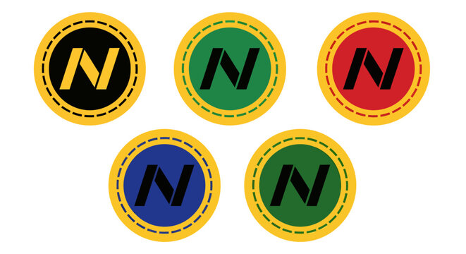 Set of Five Circular Badges Featuring Bold N Initials in Colorful Backgrounds.