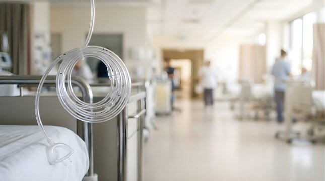 Medical oxygen nasal cannula tube hanging in a hospital room ward
