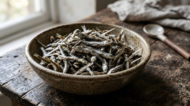 Dried Small Fish (Ikan Teri) in a Bowl: A Staple Ingredient in Traditional Indonesian Cuisine