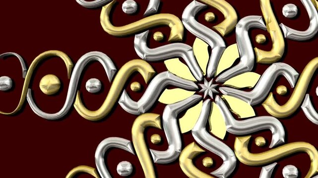 Intricate silver and gold floral pattern on dark red background with shiny beads