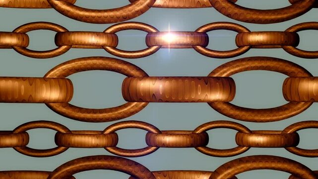 A closeup view of a copper chain on a gray background with a shiny reflection