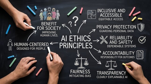 Chalkboard diagram illustrating AI ethics principles including human centricity benefit for society fairness transparency accountability and reliability artificial intelligence