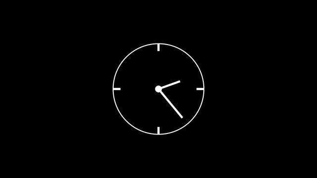 Neon white clock on black background animation day time. 4k video Alpha channel.