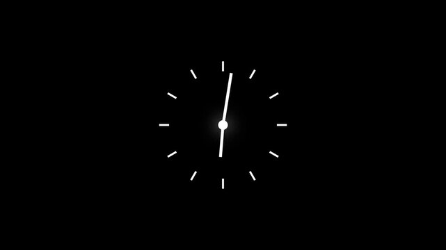 White glow clock on black background animation day time. 4k video Alpha channel.