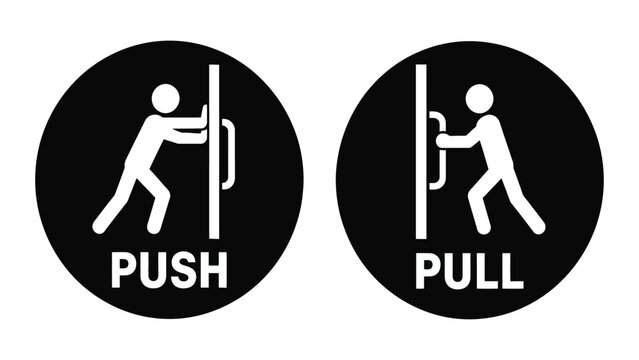 Push and pull door signage icons set featuring minimalist human figure pictograms for public access