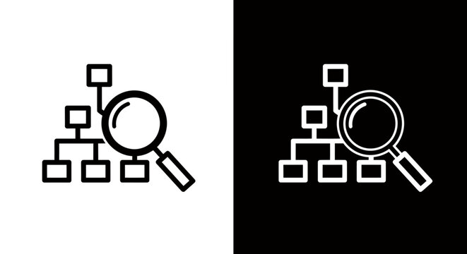 Magnifying glass over organizational chart icon set for analysis and search.
