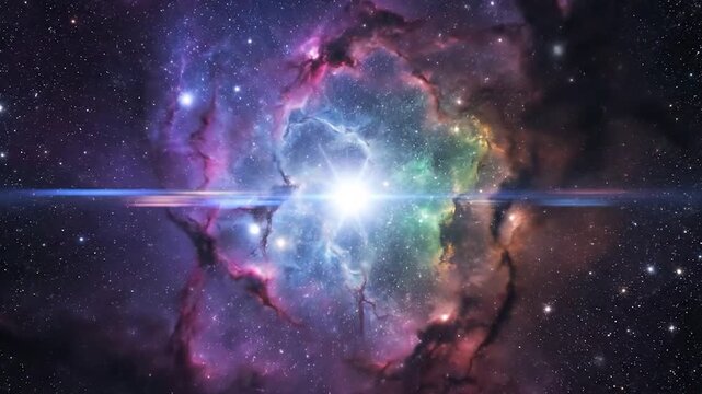 A bright supernova explosion glows within a colorful cosmic nebula