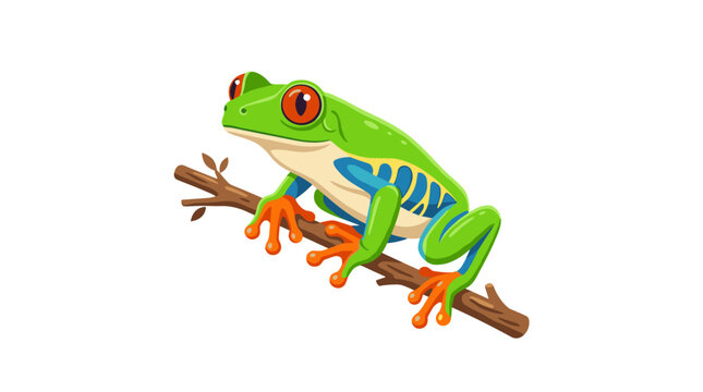Vibrant red eyed tree frog perched on a branch in vector style