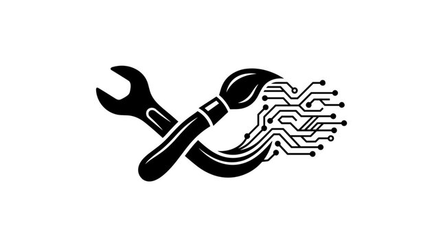 Creative technology logo combining artistic tools and digital circuit elements for innovative branding and design in black vector art