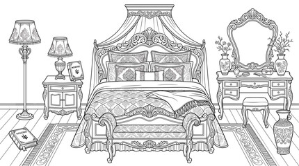 Fototapeta premium Intricate black and white illustration of a luxurious bedroom with vintage decor elegant furniture