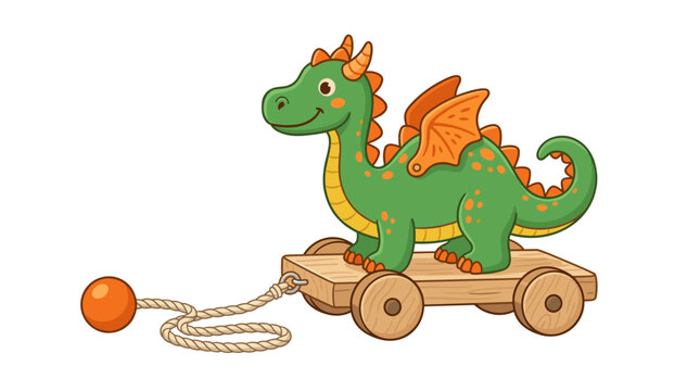 Charming green dragon pull toy on wooden cart with orange ball ideal for children's playtime