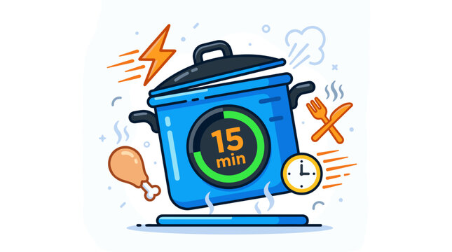 Colorful cooking timer with a blue pot indicating 15 minutes for meal preparation in a fun