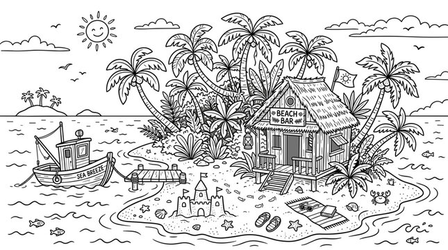 Whimsical black and white illustration of a tropical island scene with a cozy shack palm trees and a small boat on calm waters