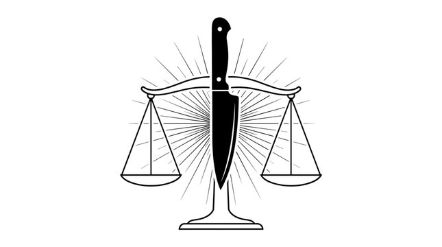 Black and white minimalist illustration of a knife balanced on scales representing justice and fairness in a unique graphic style