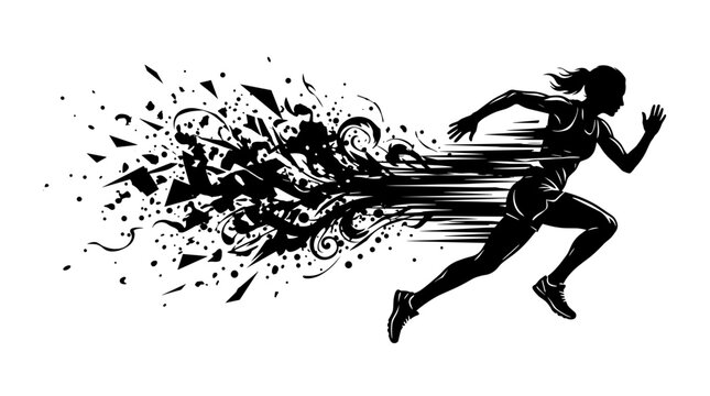 Dynamic black silhouette of a runner in motion with abstract elements