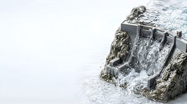 Miniature dam model releasing water with splash effect on white background