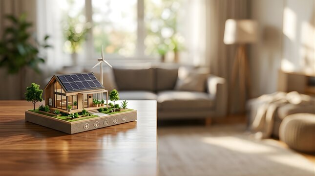 Miniature eco house model with solar panels and wind turbine on table