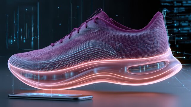 A futuristic sneaker design floats above a smartphone, showcasing advanced digital and technological elements in a sleek, neon-lit environment.