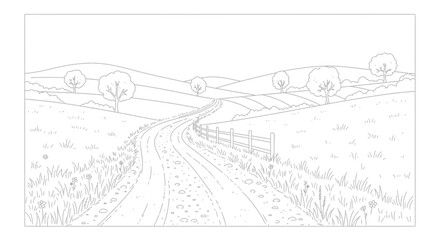 Fototapeta premium Rural Dirt Road Winding Through Green Rolling Hills and Trees, Countryside Landscape