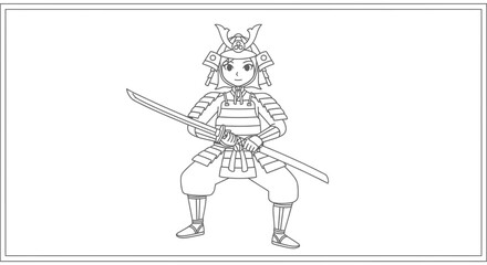Fototapeta premium Samurai Warrior Cartoon Character Holding Katana Sword, Outline Drawing